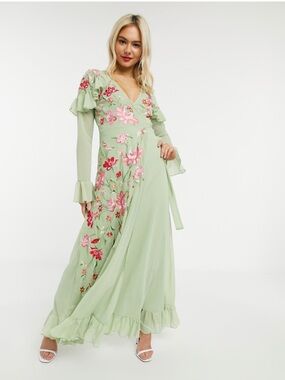 ASOS Pale Green Embroidered Floral Wrap Maxi Dress